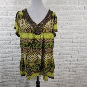 Avenue Womens Top 18 20 Plus Flutter Sleeve Green Beaded Sequins GEO186E